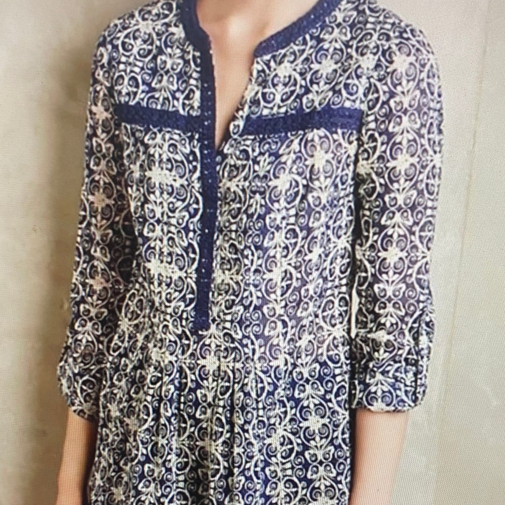 Maeve Navy and Cream Patterned Blouse